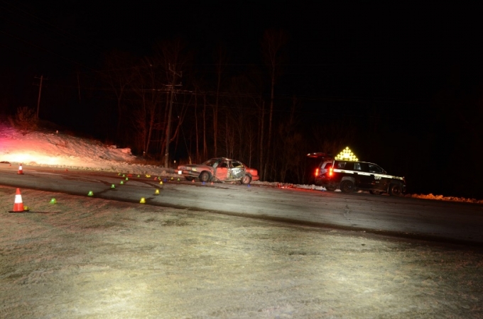 The collision occurred in the intersection of Highway 17 and Trout Pond Road near the Community of Rutherglen, in the Township of Bonfield. This is a photo of the collision scene.