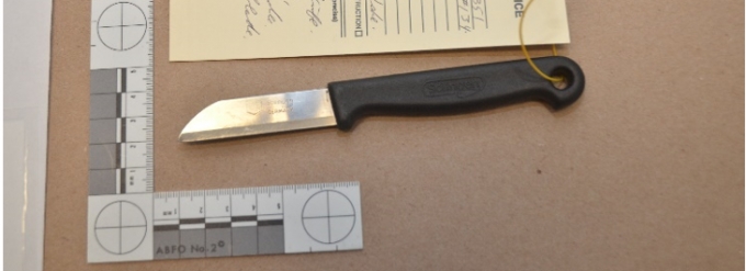 Un agent du SPT a retiré le premier couteau de la main gauche du plaignant après que celui-ci a été blessé par balle, car il craignait que le couteau ne disparaisse dans la neige profonde. Cet agent a placé le couteau dans un sachet de saisie sur le lieu de la fusillade et l’a sécurisé dans une boîte à preuves au poste du SPT. Cette boîte a ensuite été remise aux enquêteurs spécialistes des sciences judiciaires de l’UES. Il s’agissait d’un couteau de cuisine à lame de métal de 5 cm et manche de 7 cm.