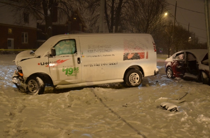 View of two vehicles involved in collision.