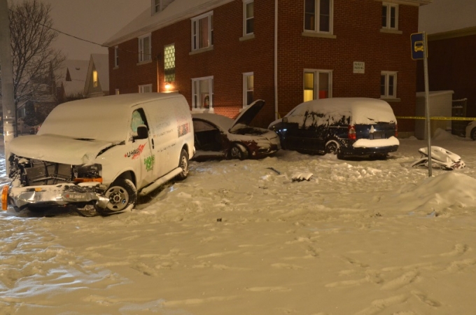 View of two vehicles involved in collision.