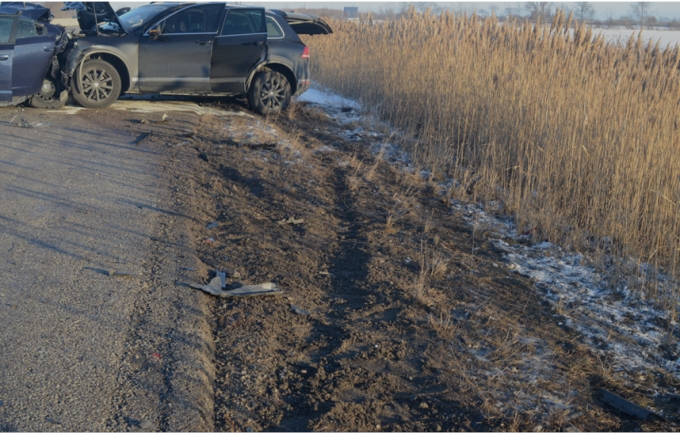 Close up of tire marks showing route of vehicles prior to coming to rest.