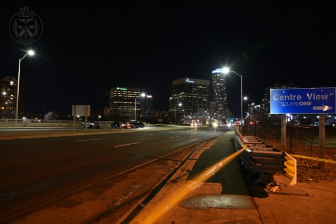 The scene was located in the northbound lanes of Hurontario Street, on the overpass bridge to Rathburn Road, in the City of Mississauga, where a group of motor vehicles involved in a collision was located.