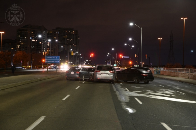 The scene was located in the northbound lanes of Hurontario Street, on the overpass bridge to Rathburn Road, in the City of Mississauga, where a group of motor vehicles involved in a collision was located.