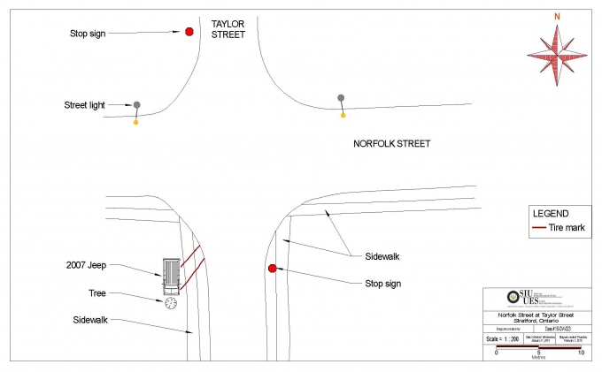 Scene diagram- The scene of the motor vehicle collision was in the area of the intersection of Norfolk Street and Taylor Street in the City of Stratford, with the Jeep coming into contact with a tree on Taylor Street in front of the residence on the corner.