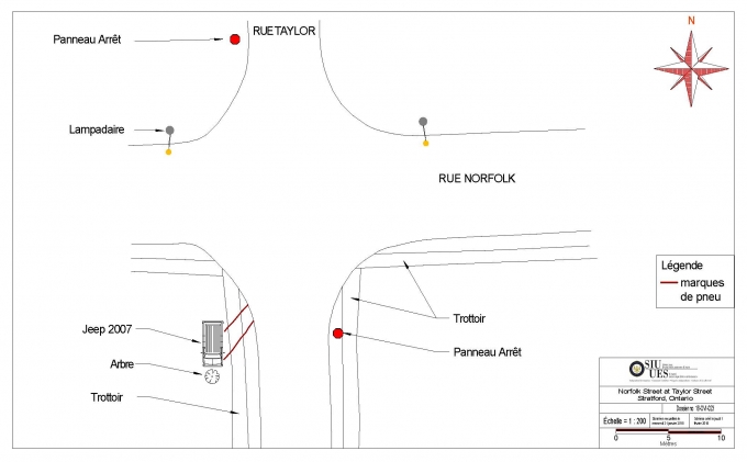 Les lieux- La scène de la collision automobile se trouvait dans la zone de l’intersection des rues Norfolk et Taylor, dans la ville de Stratford. La Jeep a heurté un arbre, à la rue Taylor, devant la résidence située dans le virage.