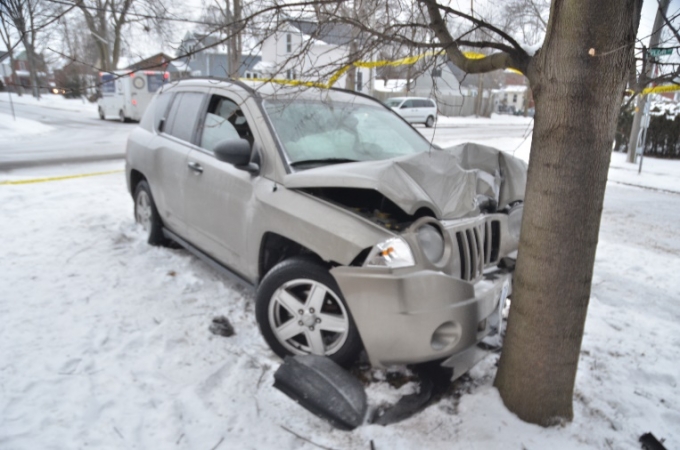 La Jeep Compass se trouve touchant l’arbre.