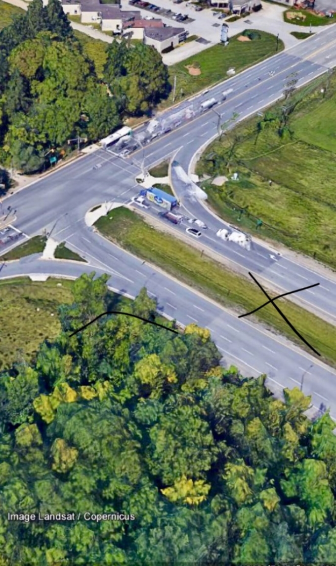 Google Maps image of location of collision, which is marked on the map with an X.