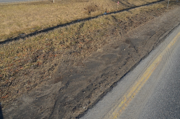 Les marques de pneu s’étendent sur le terre-plein gazonné en direction d’un creusement du côté est du terre-plein, menant à l’endroit où le véhicule du plaignant s’est immobilisé.