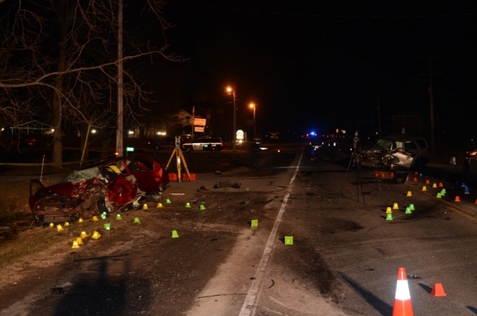 Movement of the SUV pre and post collision with the Sebring is marked out by coloured pylons.