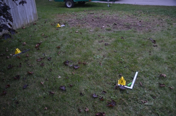 The location of the confrontation, with Exhibit markers indicating the presence of:  #2, the ARWEN projectile, # 3, the machete, and #4, the whisky bottle.
