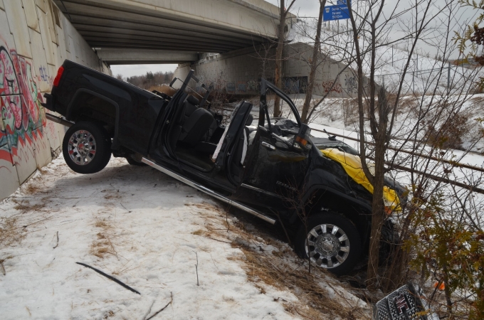 Image showing the damage to the pickup truck in its final rest position.