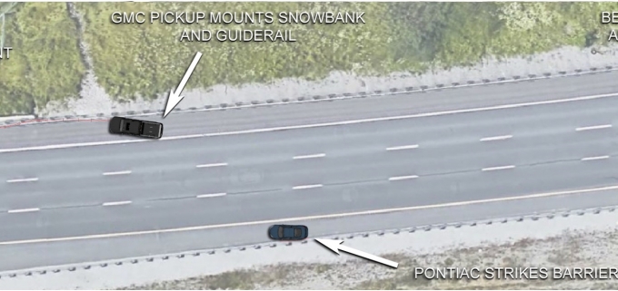 Figure 8. Approximate position of the Pontiac when it struck the south guiderail. Approximate position of the GMC pickup when it struck and began to mount the north guiderail.