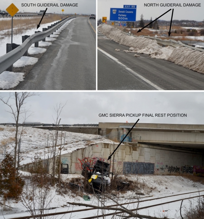Figure 3. Photographies montrant les dommages sur les garde-fous des côtés nord et sud et l’emplacement où la camionnette GMC s’est immobilisée.