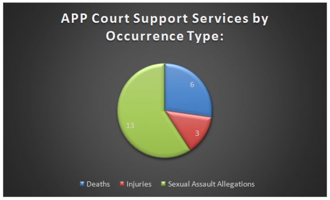 This pie chart demonstrates the amount of APC court support services provided by occurrence type in 2018. 6 of these services were for deaths, 3 were for injuries, and 13 were for sexual assault allegations.