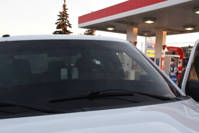 Figure 2 - The front windshield of Ford F-150 with an apparent projectile hole.