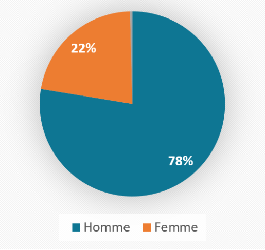 Diagramme circulaire montrant les personnes concernées selon le genre : 78 % des personnes concernées étaient des hommes et 22 % étaient des femmes.