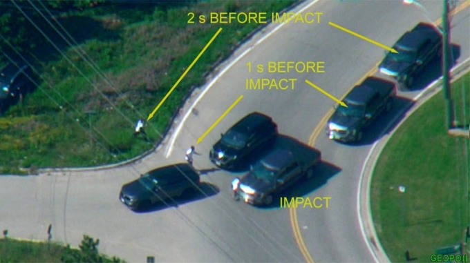 Figure 5 - S&eacute;lection d&rsquo;images montrant la position du Ford F150 et du plaignant dans les deux secondes pr&eacute;c&eacute;dant l&rsquo;impact