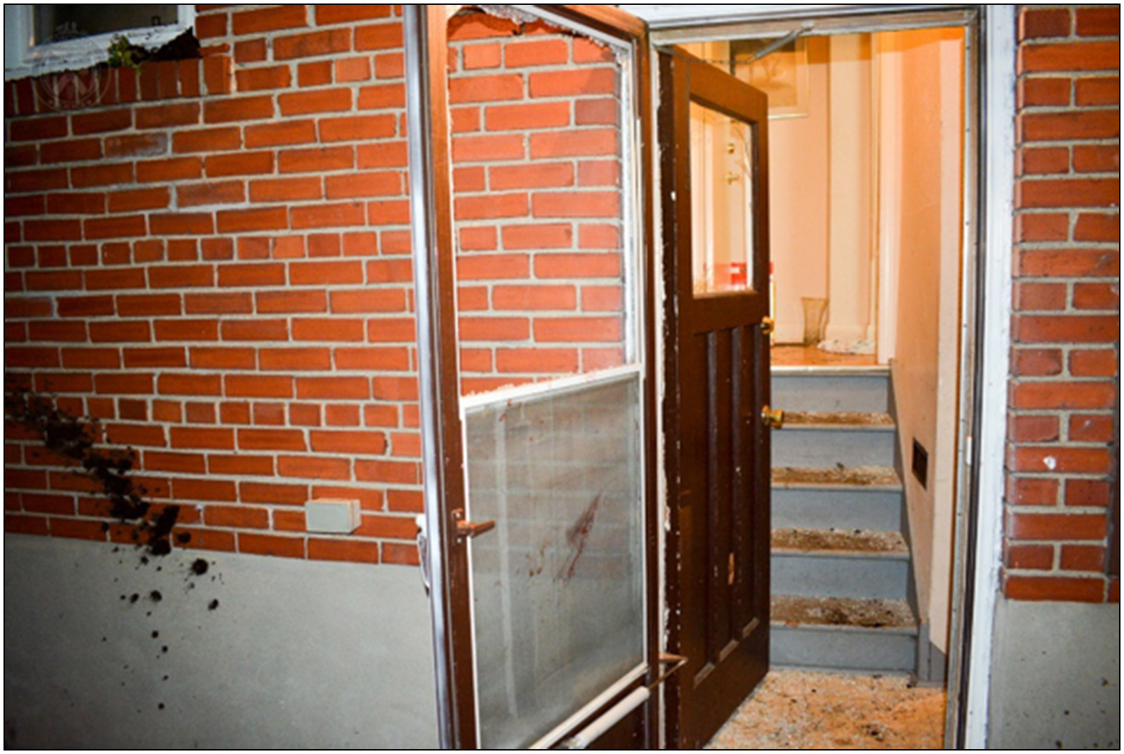 The damaged door through which the Complainant stuck out his head and hands.