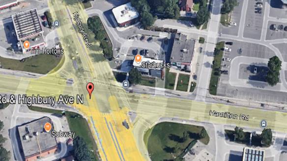 Figure 1 &ndash; Google Earth view of the intersection of Hamilton Road [east/west] and Highbury Road [north/south]