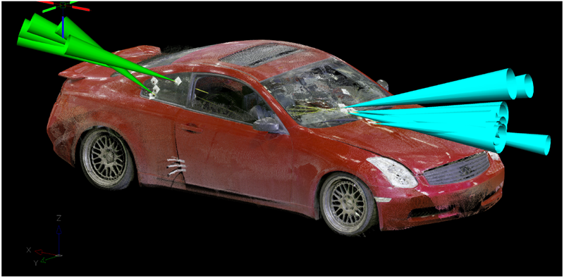 Figure 2 : Image de l&rsquo;Infiniti et des trajectoires des projectiles vus du c&ocirc;t&eacute; passager