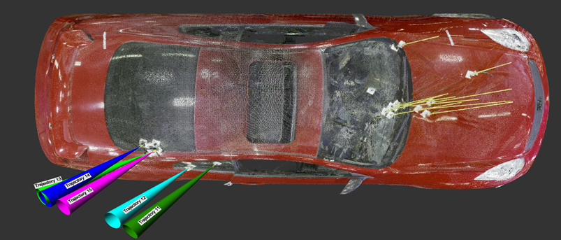 Figure 3 : Image de l&rsquo;Infiniti et des trajectoires des projectiles vus du dessus