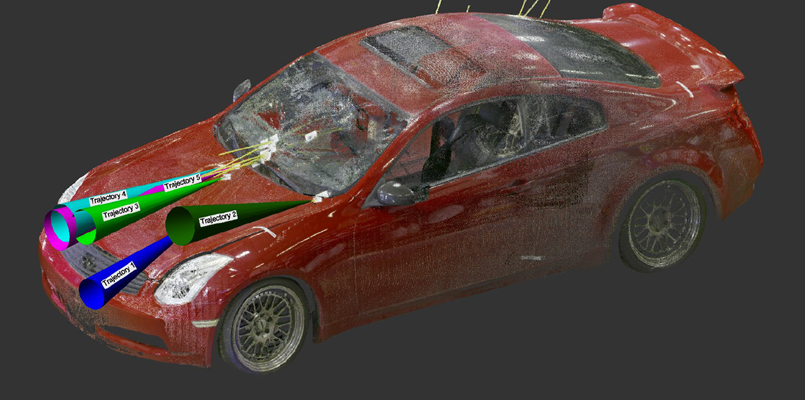 Figure 4 : Image de l&rsquo;Infiniti et des trajectoires des projectiles vus du c&ocirc;t&eacute; conducteur